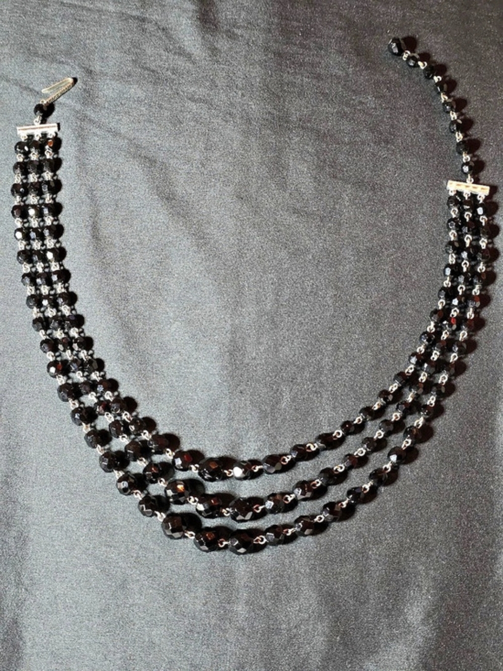 Vintage West Germany 3-Strand Black Faceted Glass Bead Necklace Choker